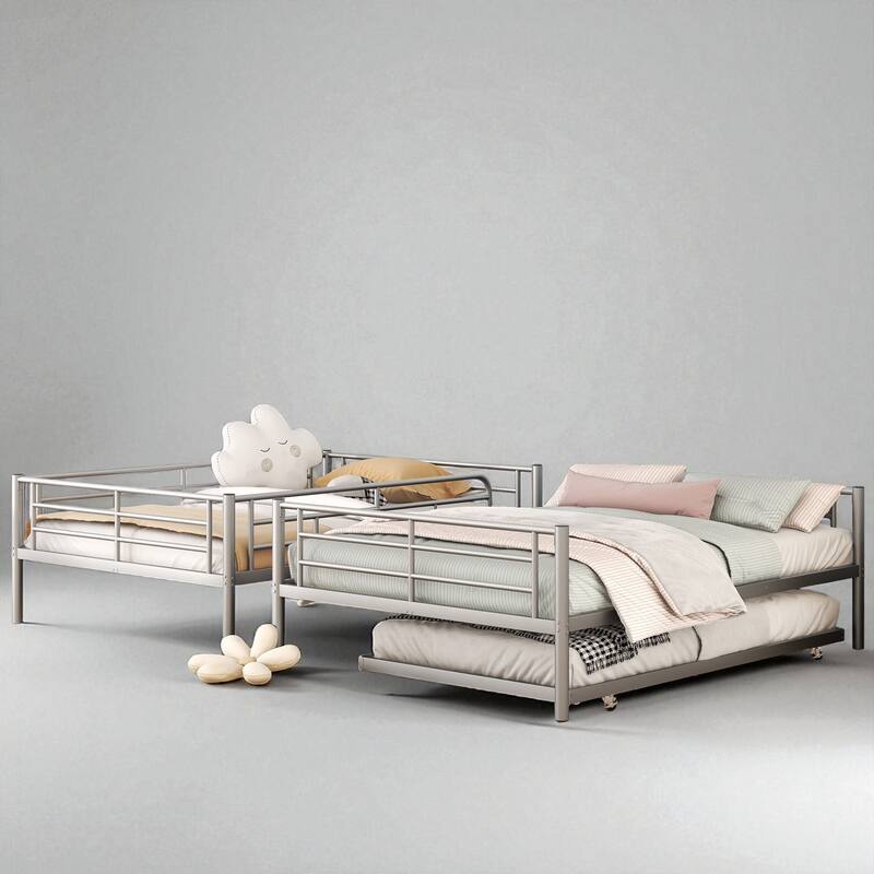 Full Over Full / Full XL Over Queen Metal Bunk Bed with Trundle, Convertible Design and Guardrails