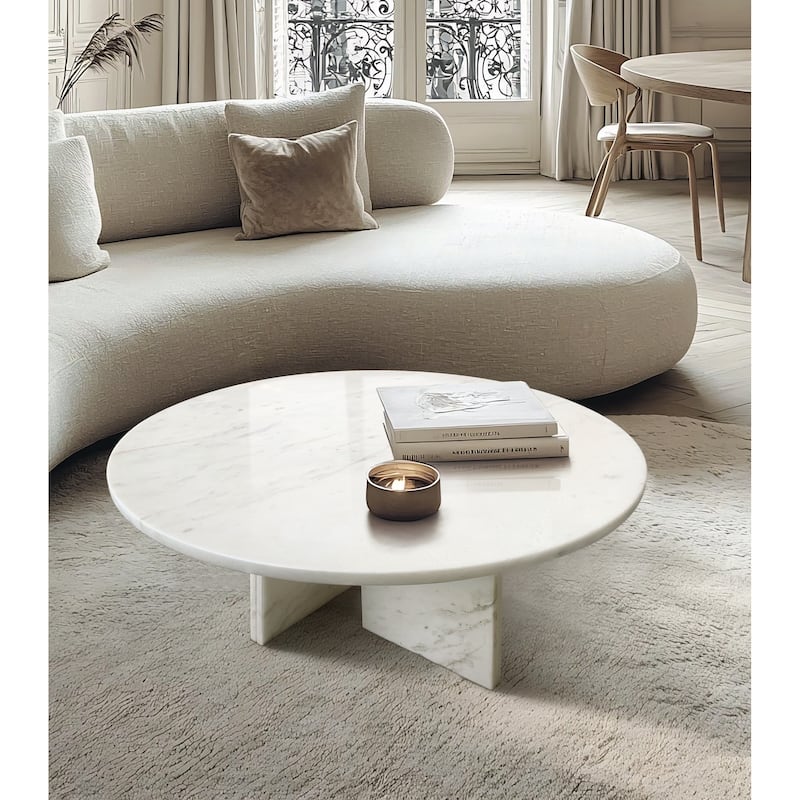 Roomfitters Round Marble Coffee Table, Natural Stone Living Room Table, Solid Marble Accent Table, Modern Design