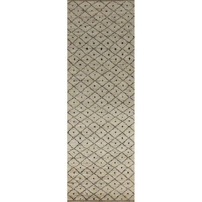 Trellis Beige Moroccan Oriental Runner Rug Hand-Knotted Wool Carpet - 3'6" x 12'10"