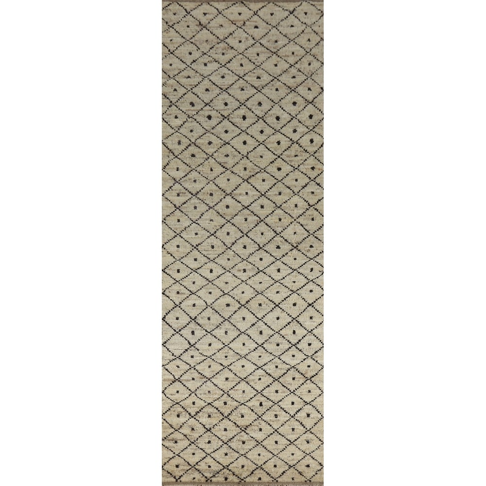 Trellis Beige Moroccan Oriental Runner Rug Hand-Knotted Wool Carpet - 3'6" x 12'10"
