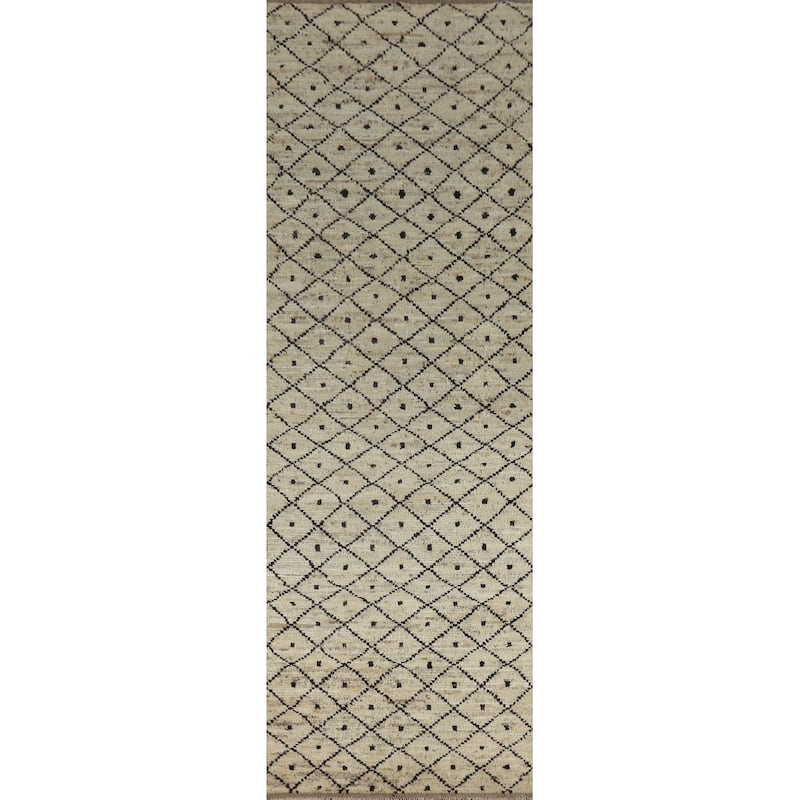 Trellis Beige Moroccan Oriental Runner Rug Hand-Knotted Wool Carpet - 3'6" x 12'10"