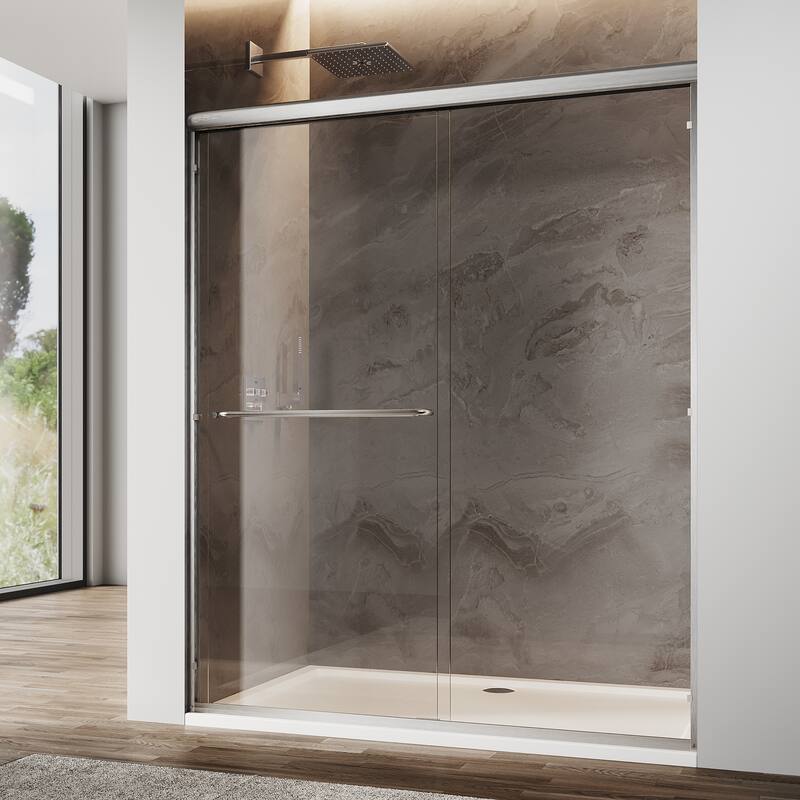 Elegant Double Sliding Shower Door Brushed Nickel Finish Framed With 1/4 inch Clear Tempered Glass