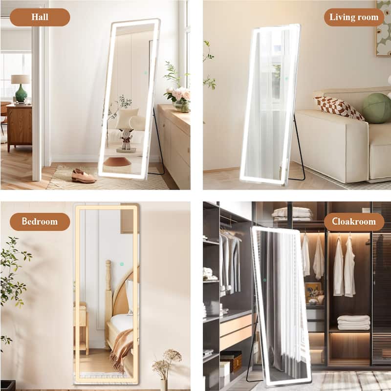 Rectangle Aluminum Alloy Frame Full Length Mirror with Stand & Dimmable 3-Color Lighting for Bedroom Cloakroom