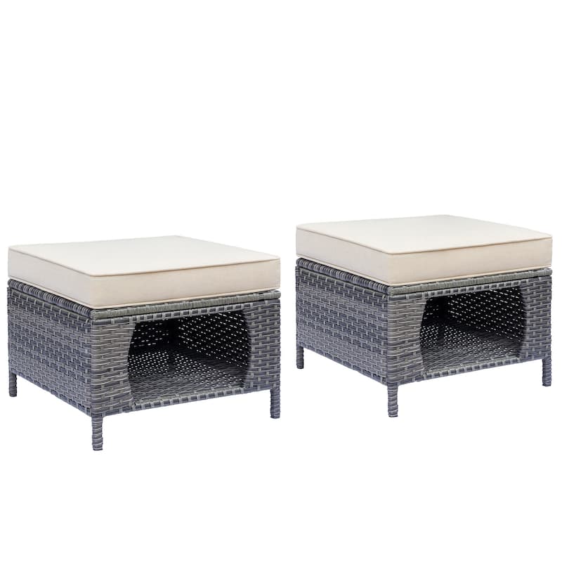 Patio Gray Outdoor Rattan Wicker Cushioned Storage Ottomans Set of 2