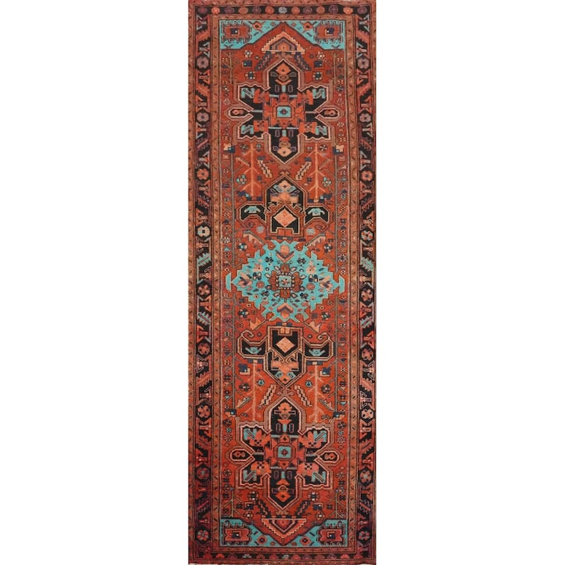Hand Knotted Oriental 100% Wool Carpet Traditional Geometric Oranges & Rust Heriz Runner Rug - 10' 7'' X 3' 1''