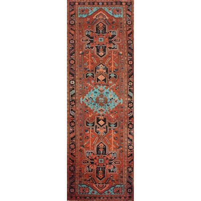 Hand Knotted Oriental 100% Wool Carpet Traditional Geometric Oranges & Rust Heriz Runner Rug - 10' 7'' X 3' 1''