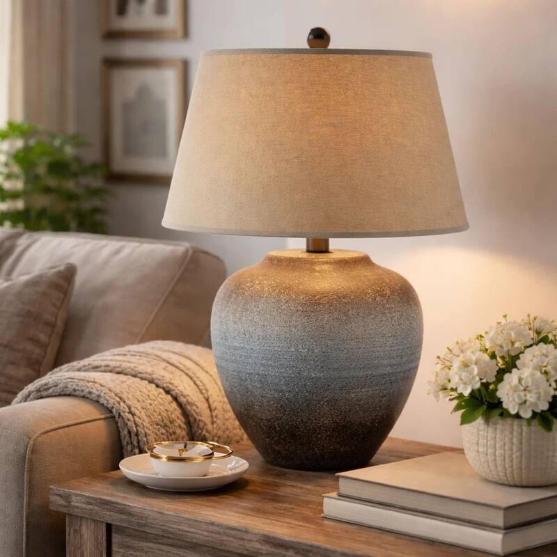 Buen 28 Inch Hydrocal Table Lamp, Drum Shade, Urn Base, Gray Rust Frost