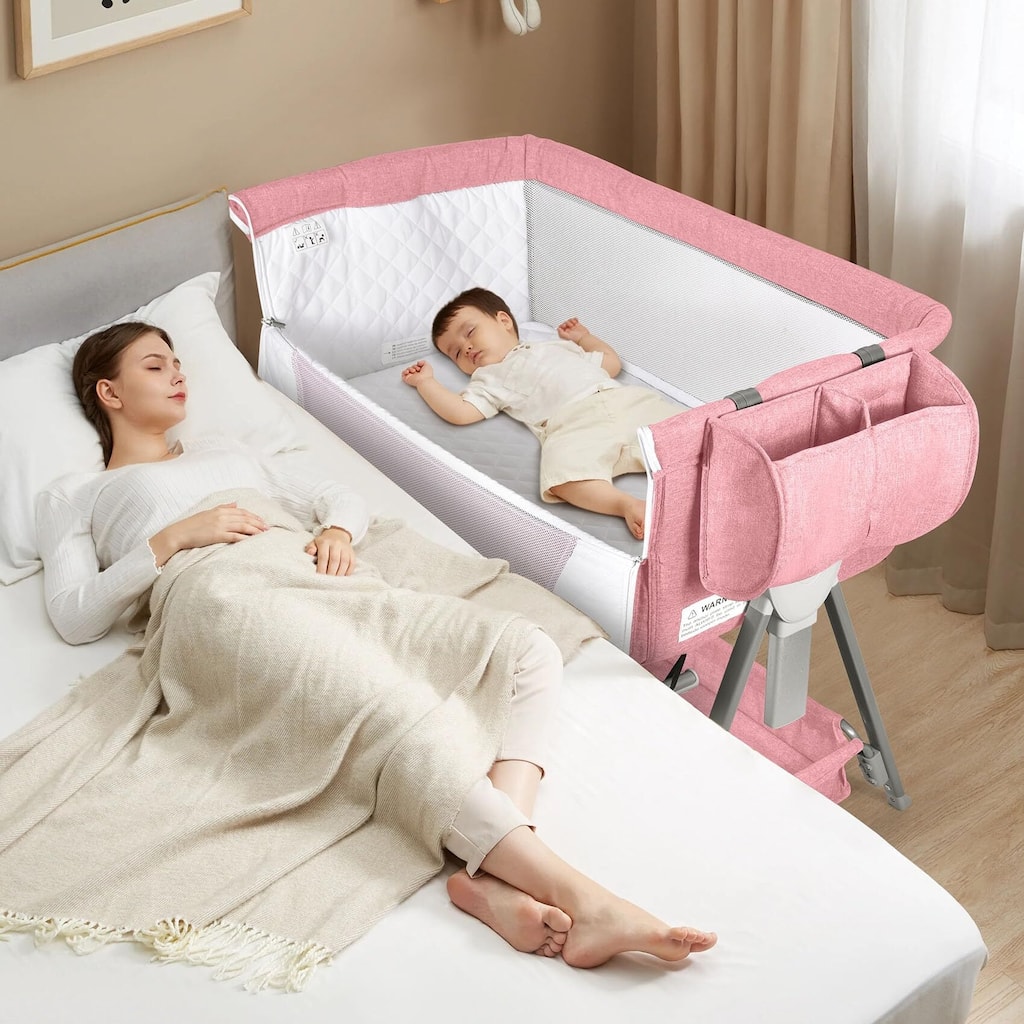 Baby Bassinet, Portable Bedside Sleeper for Baby, 7 Height Adjustable Bedside Bassinet with Wheels, Mattress Included