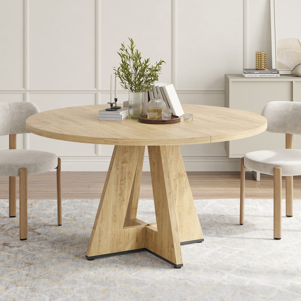 47" Round Dining Table for 4-7 People, Modern Wood Kitchen Table with Metal Base, Large Round Dinner Table