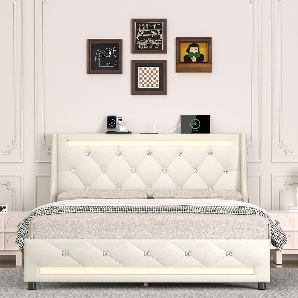 Tufted Bed Frame Upholstered Platform Bed Frame with LED Lights Headboard Footboard, Charging Station, Wooden Slats, Noise Free