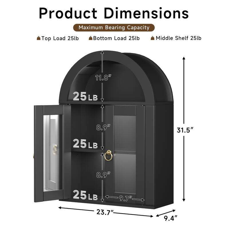 Wall Mounted Arched Cabinet with Glass Doors, Light and Adjustable Shelves for Laundry Room, Bathroom, Kitchen