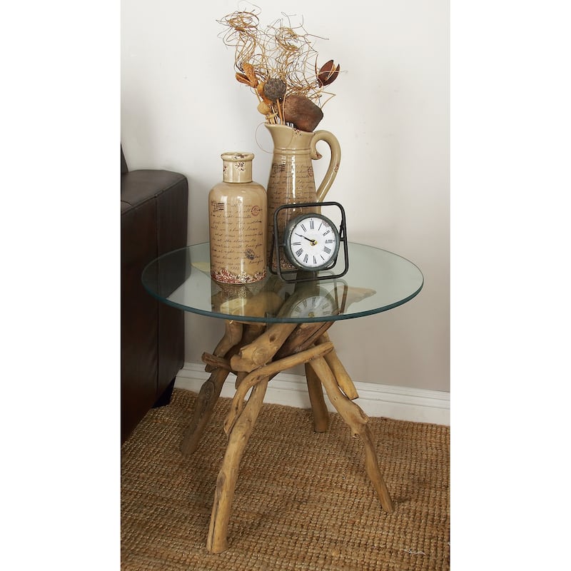 Brown Wood Handmade Tree Branch Accent Table with Clear Glass Top - Brown