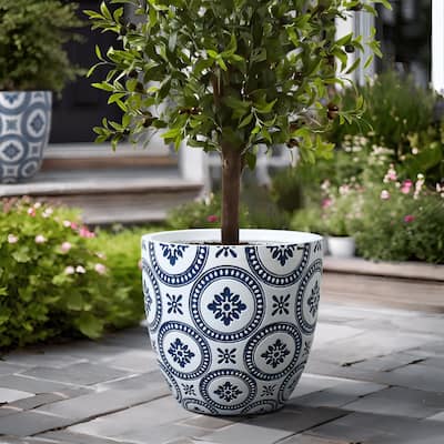 Blue and White Flower Pattern Round Tapered Mgo Planter, Indoor and Outdoor