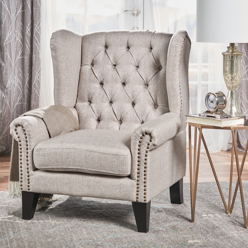 Roomfitters Tufted Wingback Accent Chair, Upholstered Armchair with Nailhead Trim and Solid Wood Legs - Beige
