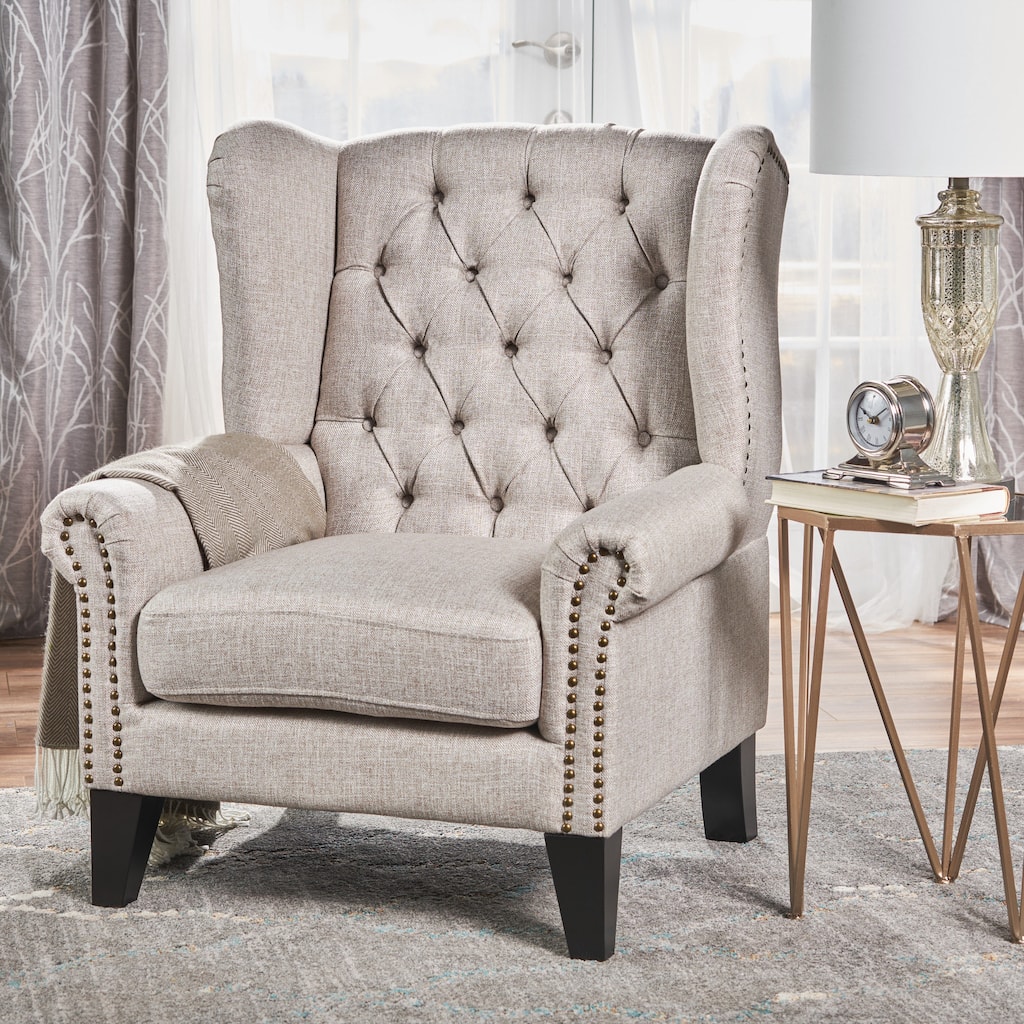 Roomfitters Tufted Wingback Accent Chair, Upholstered Armchair with Nailhead Trim and Solid Wood Legs