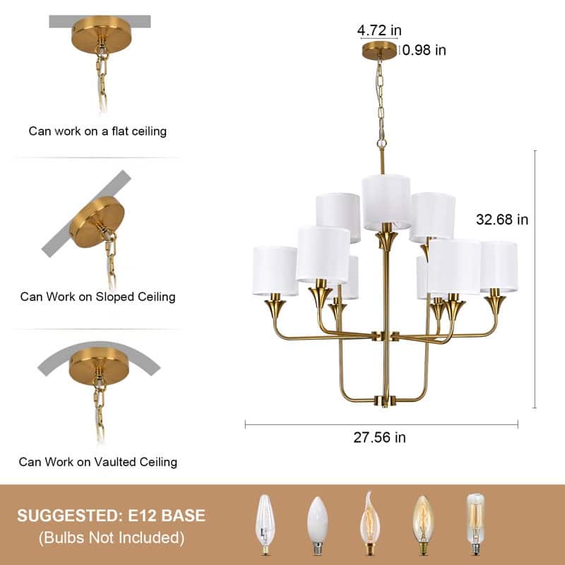 9-Light White Cylinder Shade Chandelier with Adjustable Chain