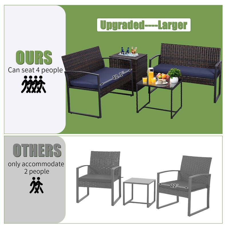 4-Piece Wicker Outdoor Sofa Set, 2 Loveseats, 1 Table, 1 Ice Bucket