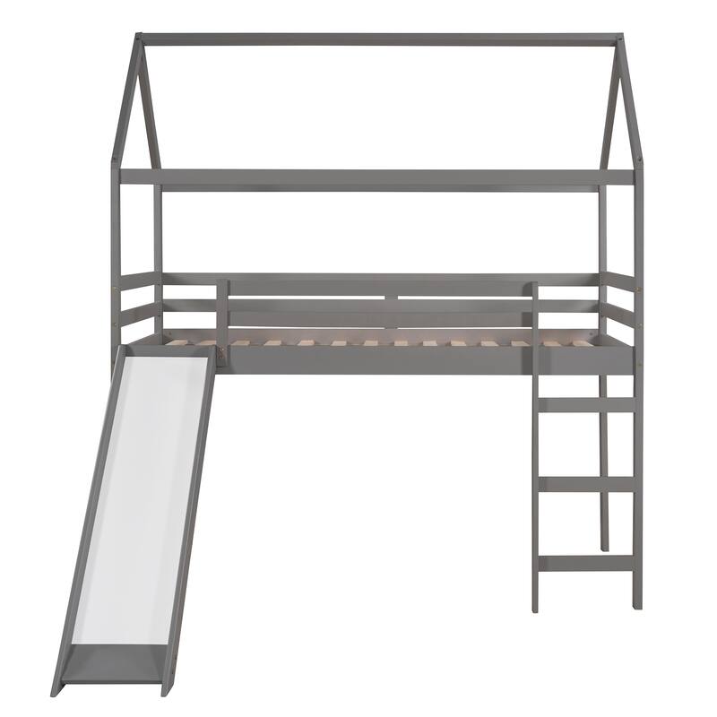 House Loft Bed w/Slide, Twin Size Loft Beds w/Slide, Ladder & Roof