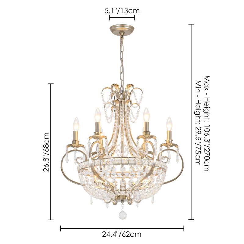 9-Light 24.4" W Crystal Chandelier in Antiqued Brushed Silver with Teardrop Pendants for Use in Living & Dining Room