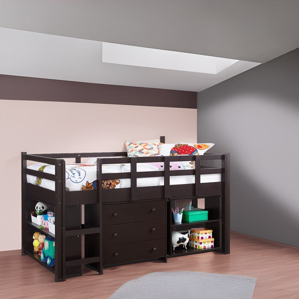 Twin Size Loft Bed with Pull-Out Desk, Storage, Ladder, Guard Rails & Bookcase Shelf - Wooden Kids Loft Bed