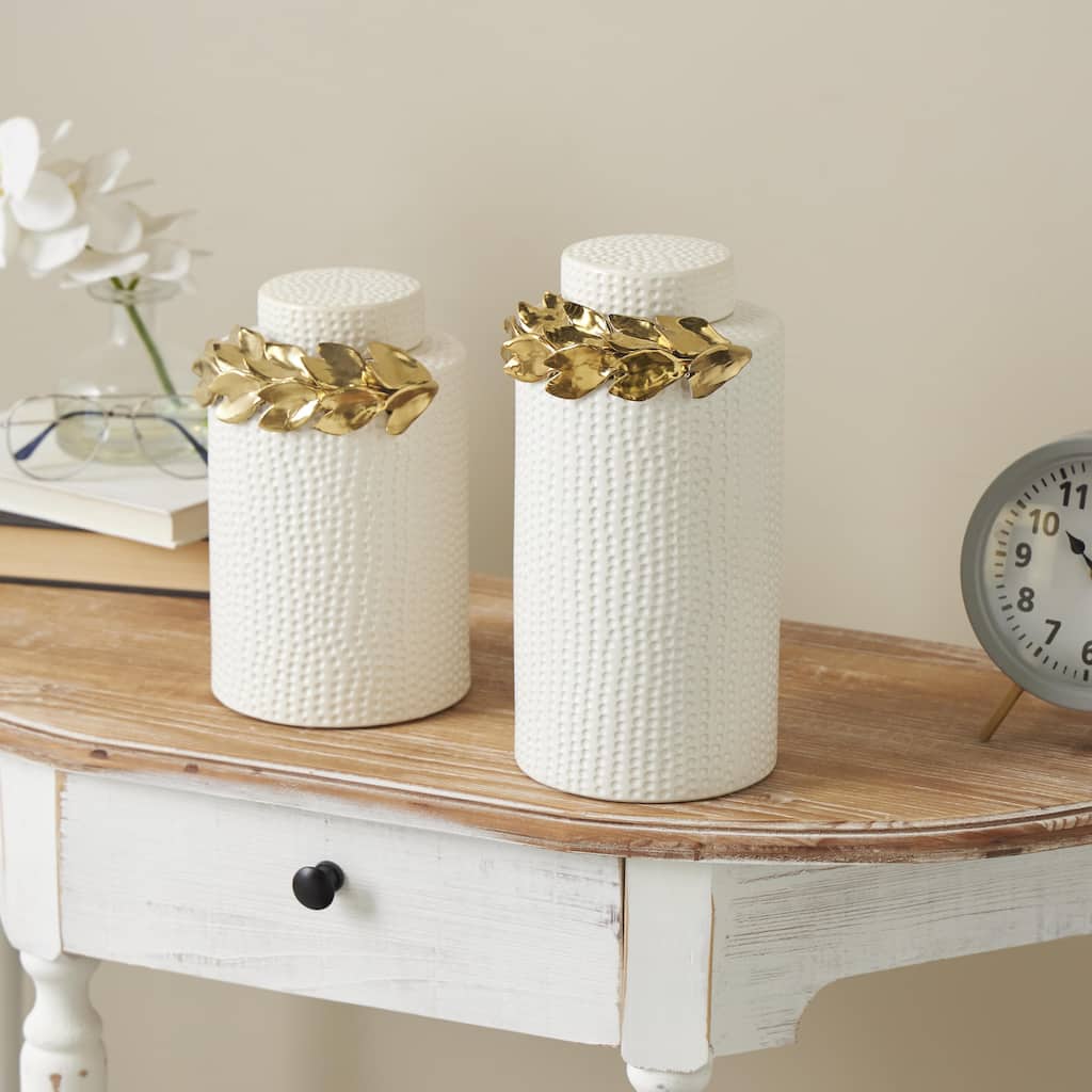 White Ceramic Leaf Living Room Decorative Jars with Abstract Spotted Pattern and Gold Accents (Set of 2)