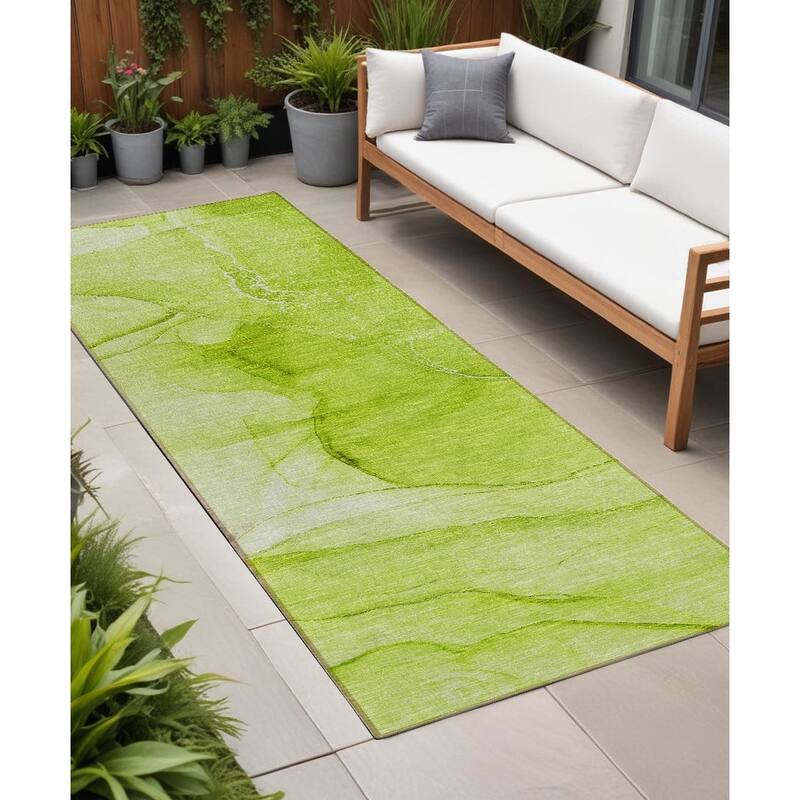 Allus Artistic Abstract Weather Resistant Timeless Fusion Outdoor Rug - 8' Runner - Green