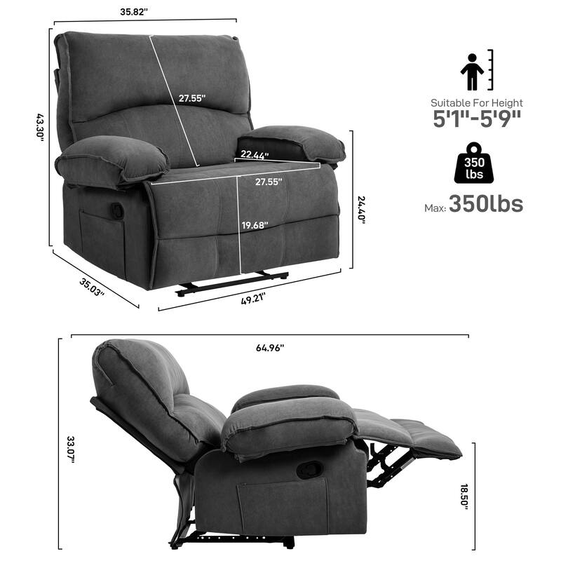 Oversized Manual Recliner Chair Push Back Sofa Velvet Lounge Chair with Massage Pillow for Living Room