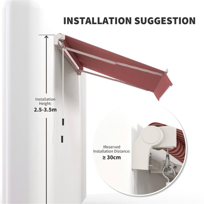 Wine Red-White Stripes Aluminum Steel Polyester Outdoor Retractable Awning - 116.25" W x 96.5" D
