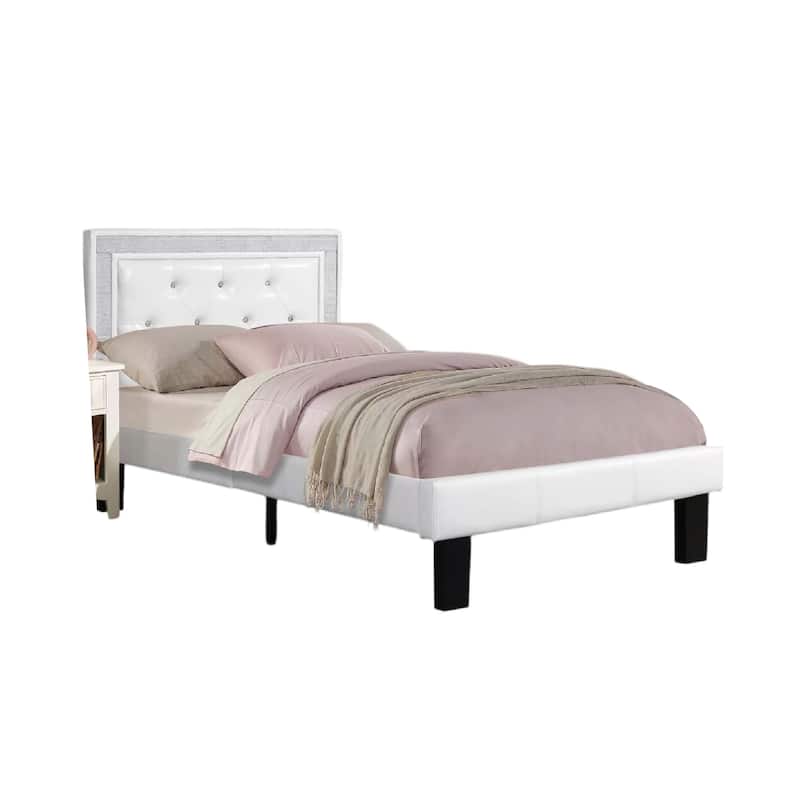 Mannie Twin Bed with Silver Trim, White Button Tufted Faux-Leather