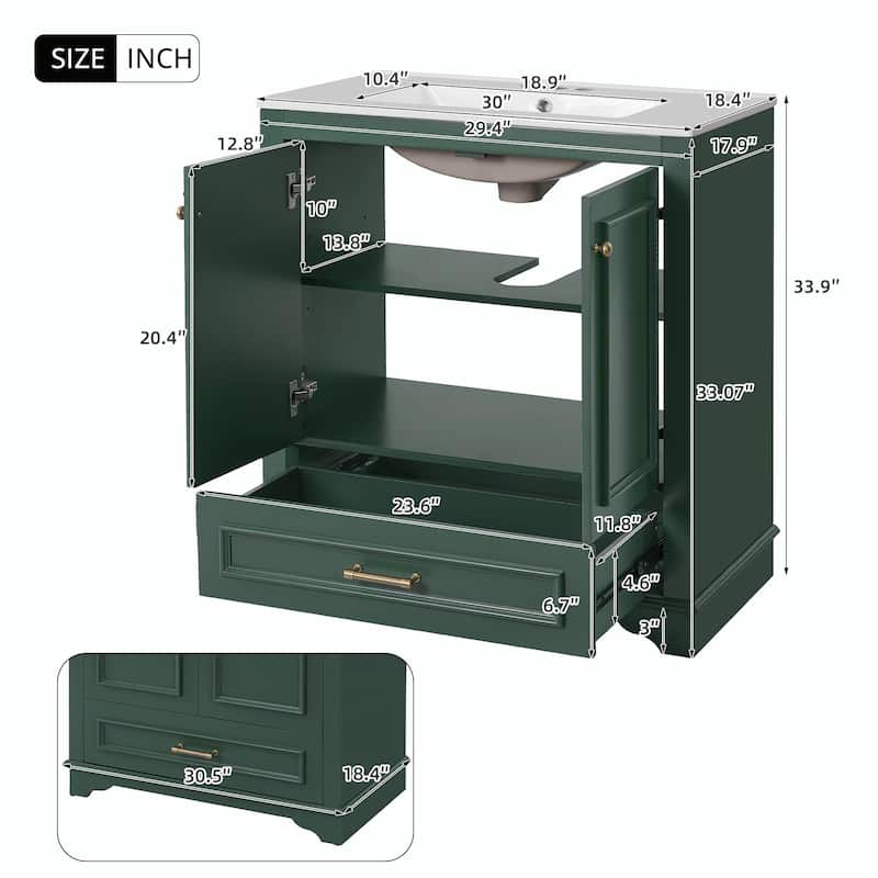 30" Luxurious Bathroom Vanity with Ceramic Sink - Bathroom Cabinet with 2 Large Soft Closing Doors