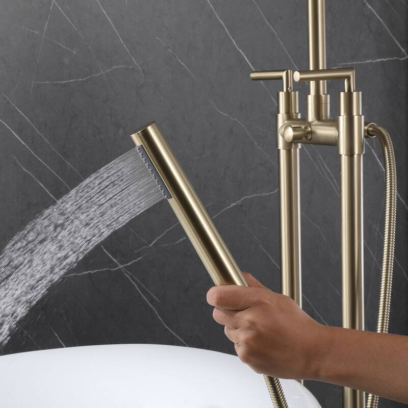 2-Handle 2-Hole Freestanding Tub Faucet with Hand Shower in Black/Gold