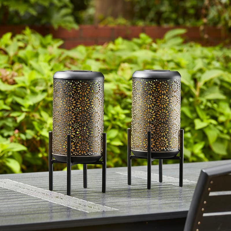 Glitzhome 14.25"H Set of 2 Metal Flower Cutout Solar Lanterns Floor Lantern