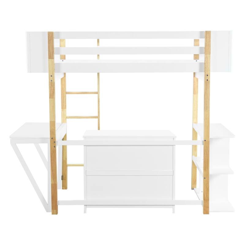 Twin Size Solid Wood Loft Bed with Built-in Storage and Foldable Desk