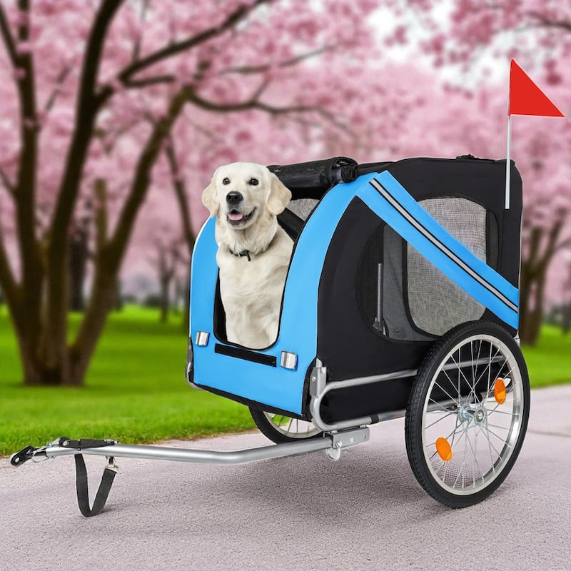 Large Folding Dog Bike Trailer with Steel Frame, 100LB Capacity Pet Bicycle Carrier with 20" Wheels & Rain Cover - Black Blue