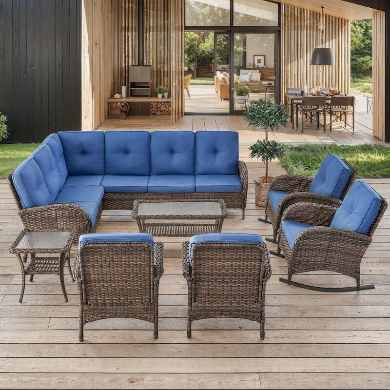 Outdoor Sectional Sofa with Cushion Funiture Set - Brwon Wicker Blue Cushion - 8PCS Sectional Sofa w/ Rocker Chair Patio Chair