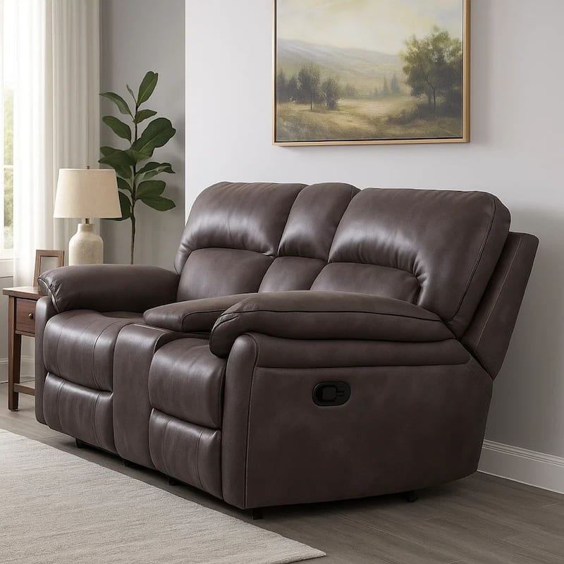 Josy Manual Recliner Loveseat with Console, Dark Gray Faux Leather, 77 Inch