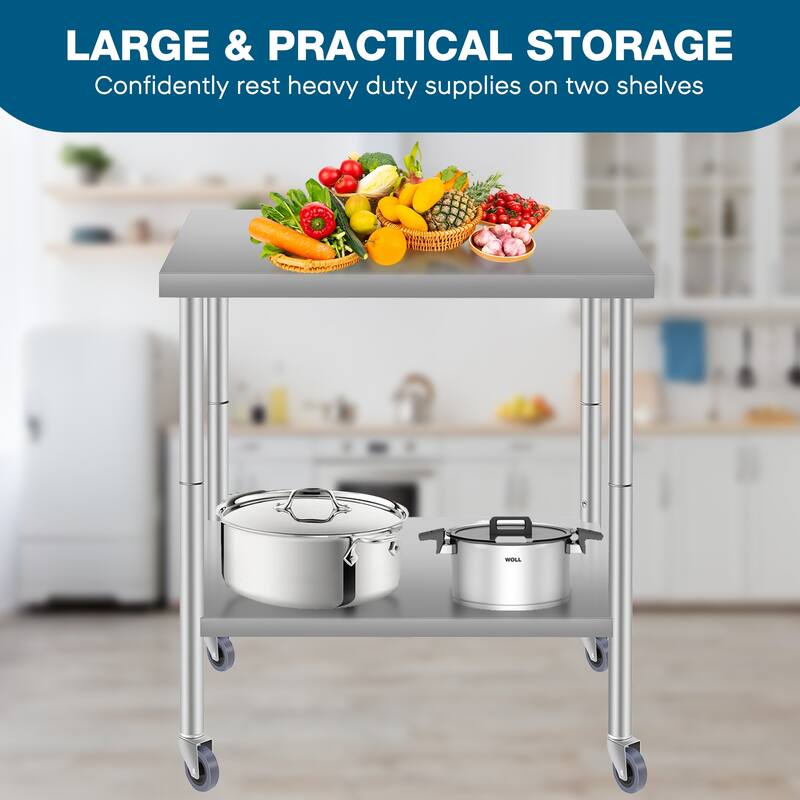 48''*24'' Commercial Work Table for Restaurant and Home Stainless Steel Kitchen Prep Table with Under Shelf with wheels