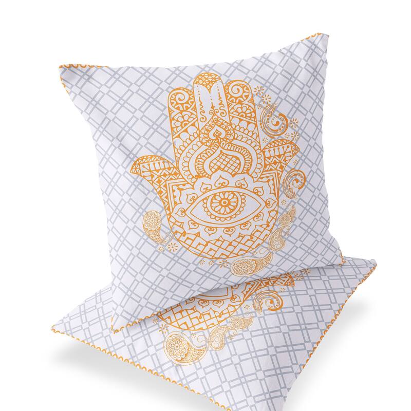 HomeRoots Set of Two 16" X 16" Gray and Gold Blown Seam Hamsa Indoor Outdoor Throw Pillow - 16.00' X '16.00' X '5.00