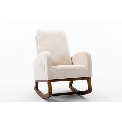Upholstered Rocking Chair Livingroom Armchair High-Back Accent Chair Padded Cusion Lounge Chair w/ Pockets, Cream