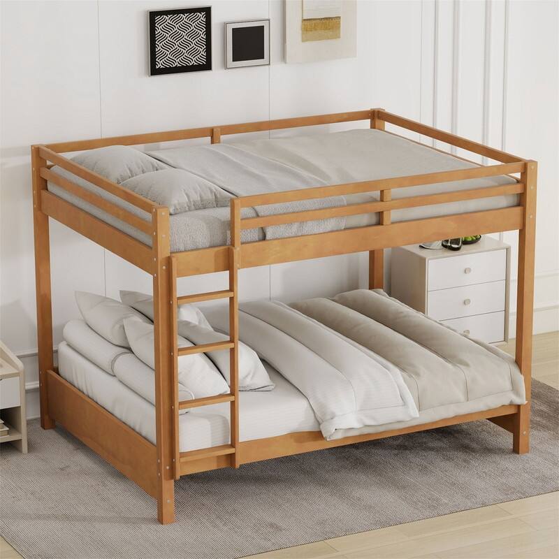 Queen Over Queen Size Bunk Bed with Ladder and Guardrail, Wooden Bunk Bedframe with Slats Support for Kids