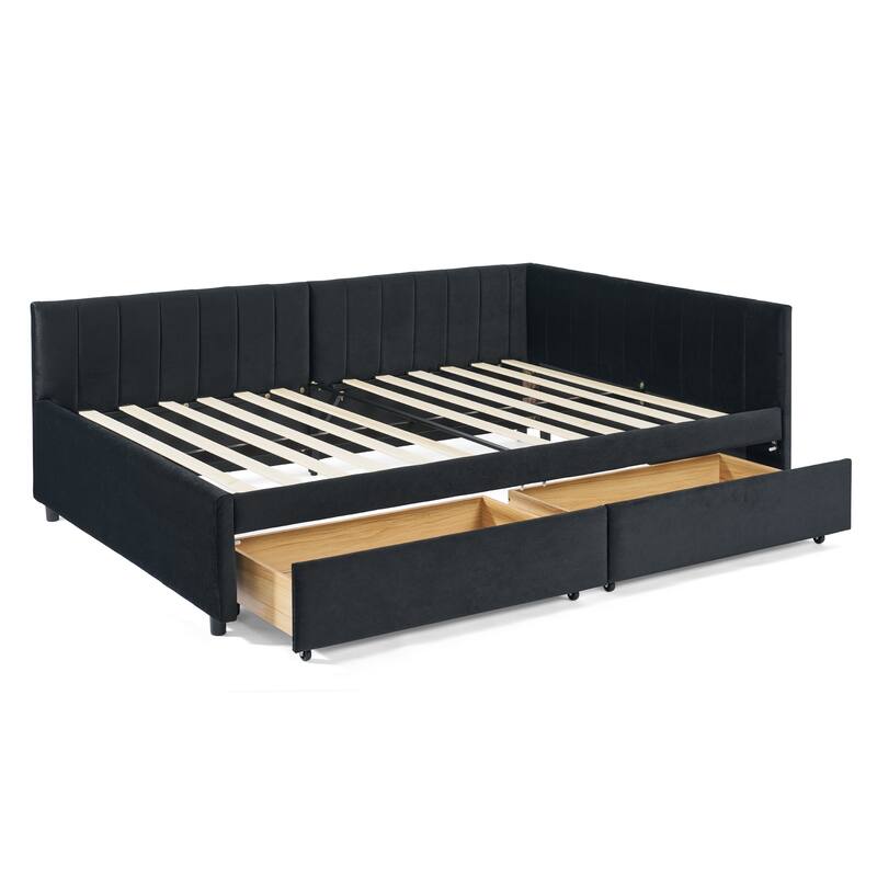 Full Size Upholstered Tufted Bed Frame with Two Drawers, Sofa Bed Frame with Comfortable Backrest and Armrests(79.5"x58"x25")
