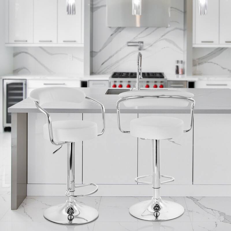 Elama Faux Leather Retro Adjustable Swivel Bar Stool White Chrome Handles and Base Set of 2