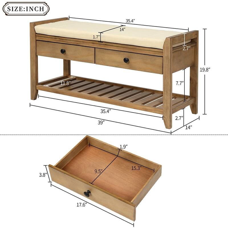 39" Modern Versatile Entry Upholstered Storage Bench with Shoe Rack and Drawers