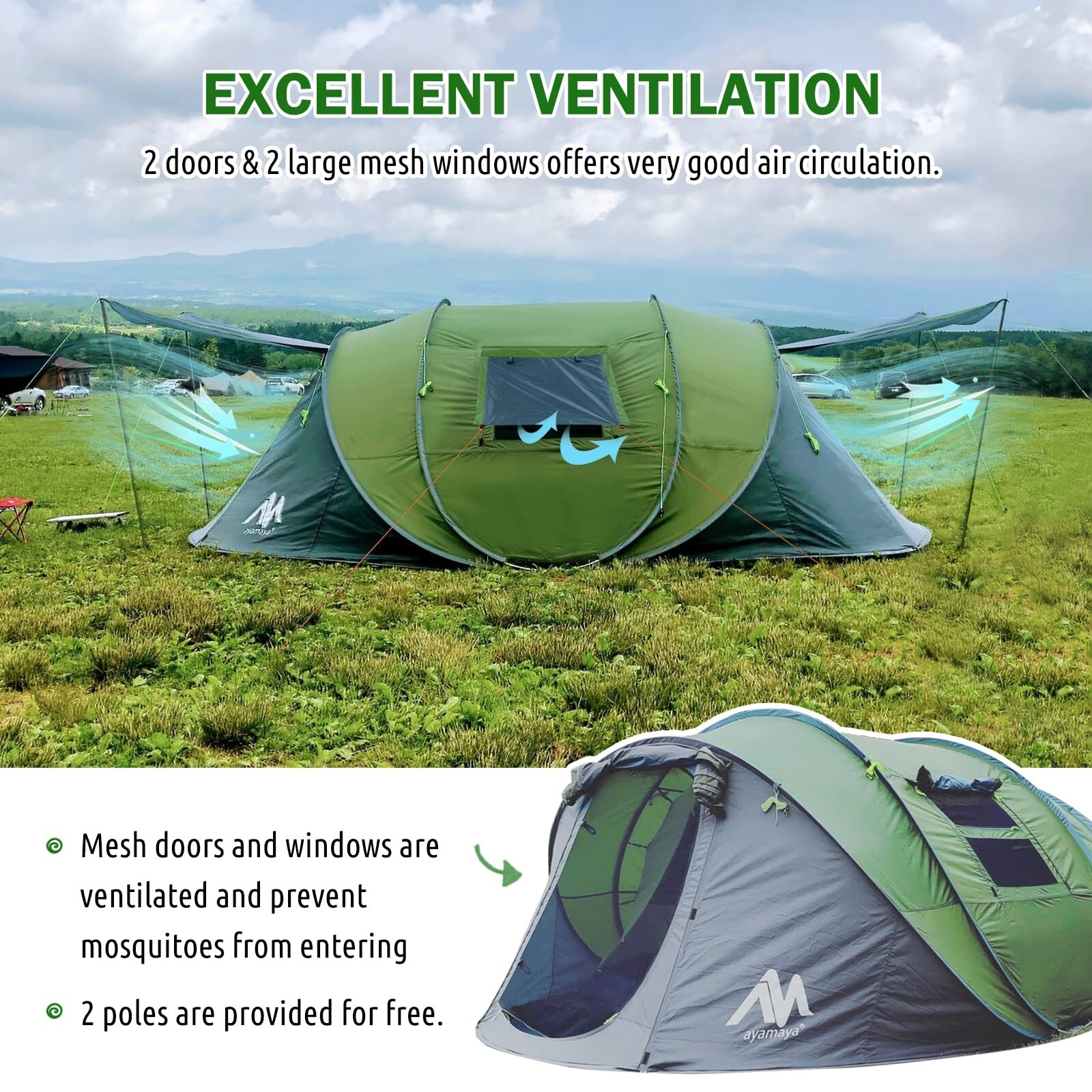 6 Person Pop Up Tents for Camping Double Layer Waterproof Instant Tent with Vestibule Porch Large Family Camping Hiking Tent