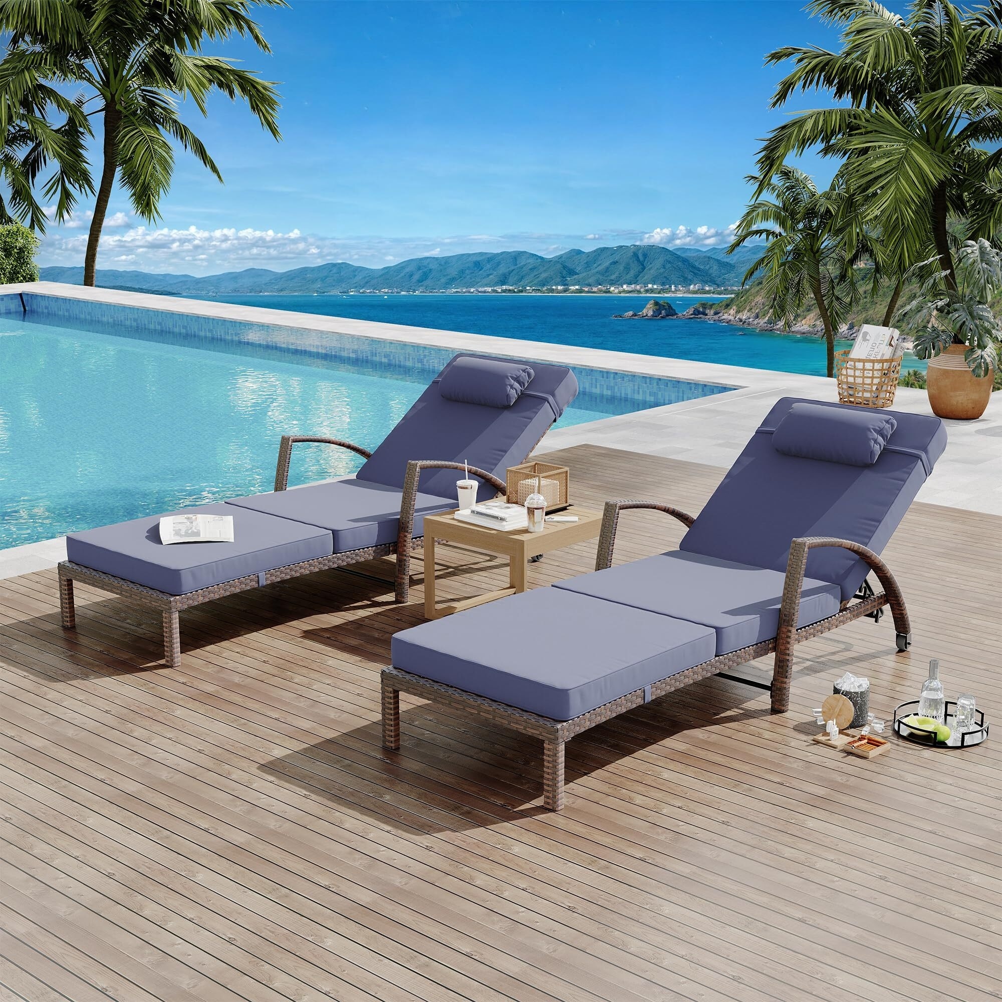 Outdoor Chaise Lounge Set of 2, PE Rattan Patio Recliner Chairs with 5-Position Adjustable Backrest, Wheels, Armrests
