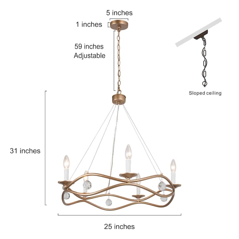 Modern Gold 5-light Linear Chandelier Wagon Wheel Candle Ceiling Lighting with Crystal Drop - D25"xH31.5"