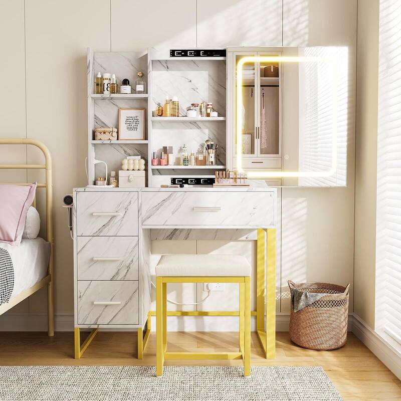 Makeup Vanity with Sliding LED Mirror, Charging Station, Drawers, Shelves & Stool