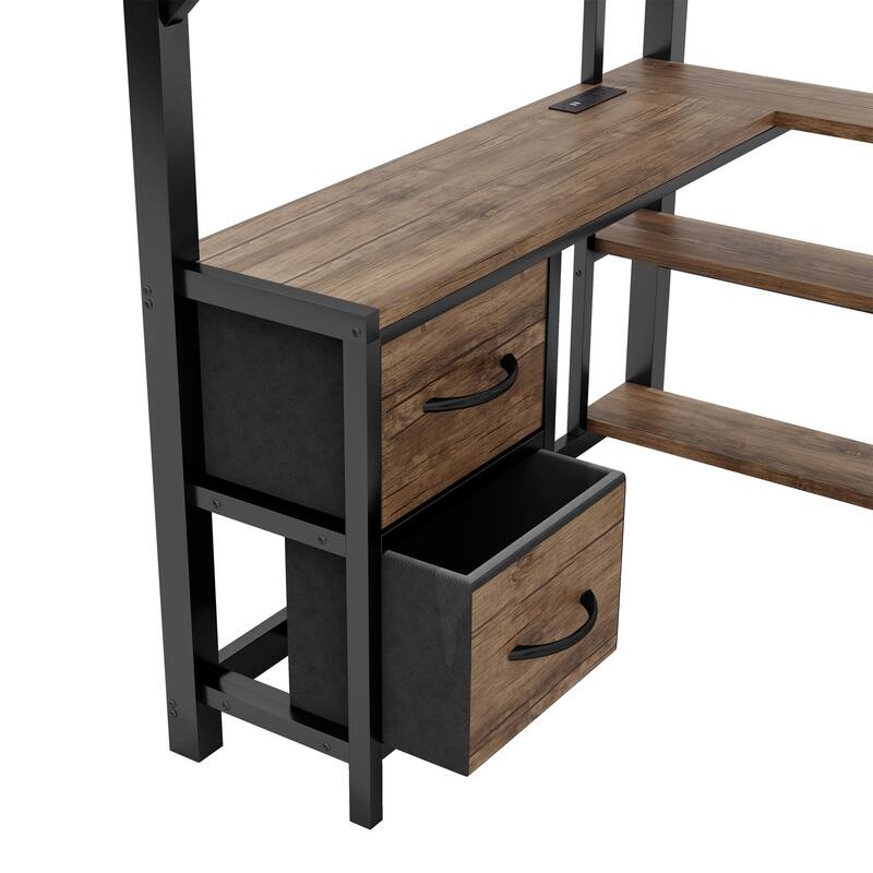 Full Size Loft Bed with Desk and Light, Metal Loft Bed with Storage Shelves, Wardrobe and Drawers for Boys Girls