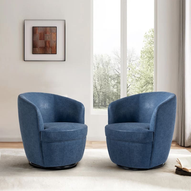 32" Wide PU Leather Swivel Barrel Chair with Metal Rotary Base (Set of 2) - Navy