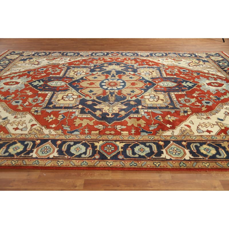 Medallion Heriz Serapi Indian Large Rug Hand-Knotted Wool Carpet - 9'8" x 13'11"